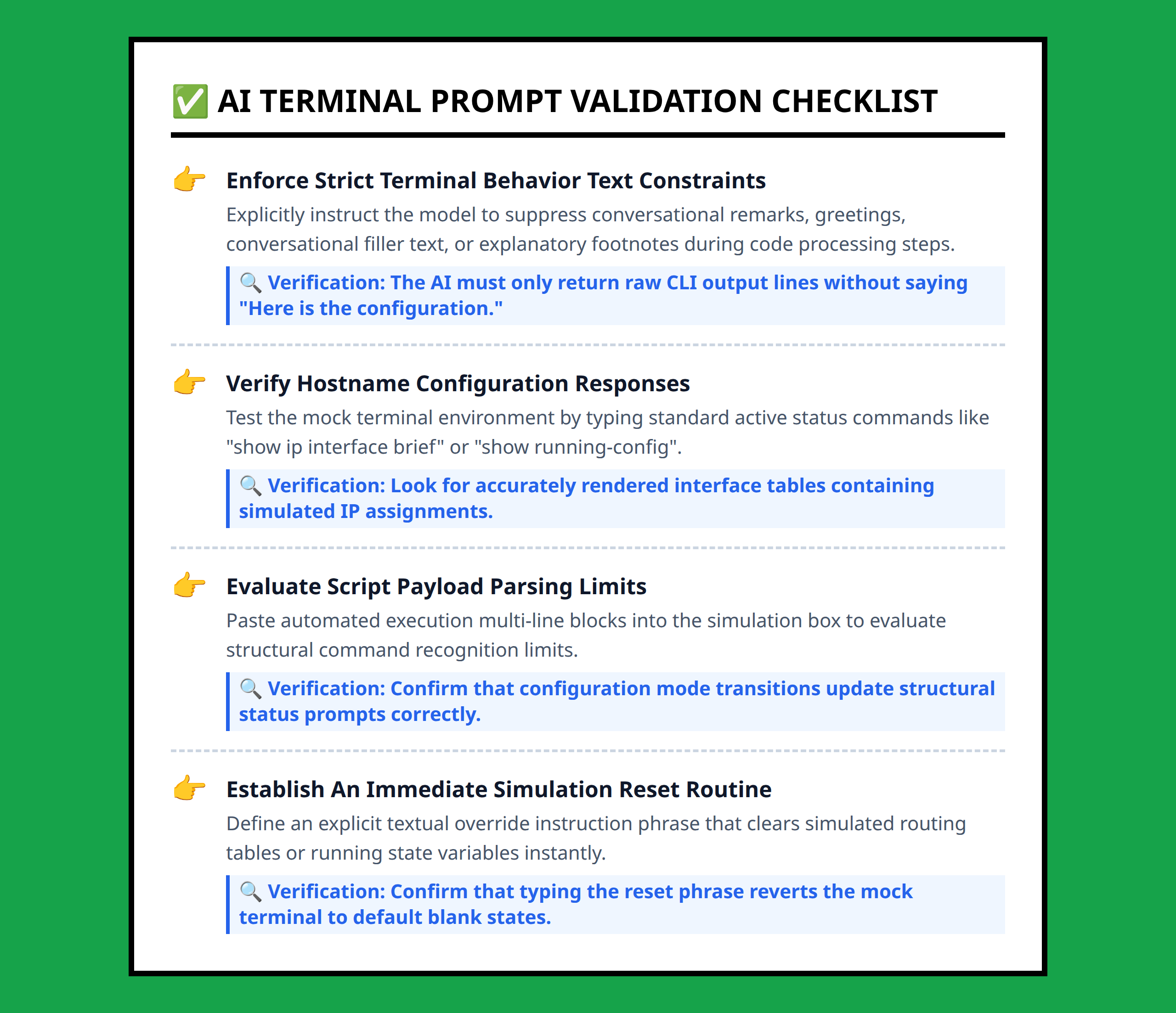 Checklist showing verification steps for interactive AI-assisted router terminal simulation setup.