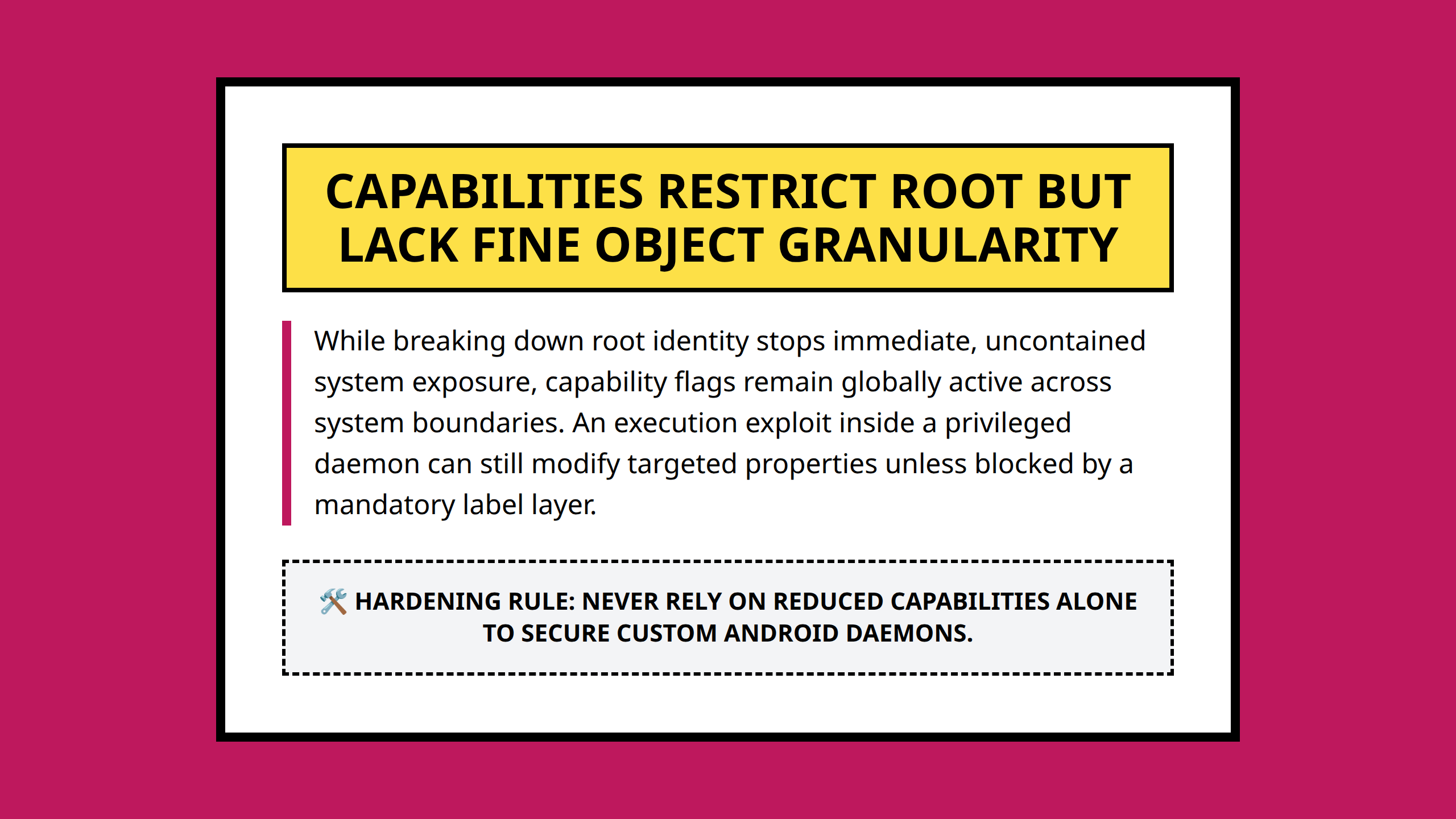 Summary mini poster explaining the core vulnerability takeaway of Linux capabilities