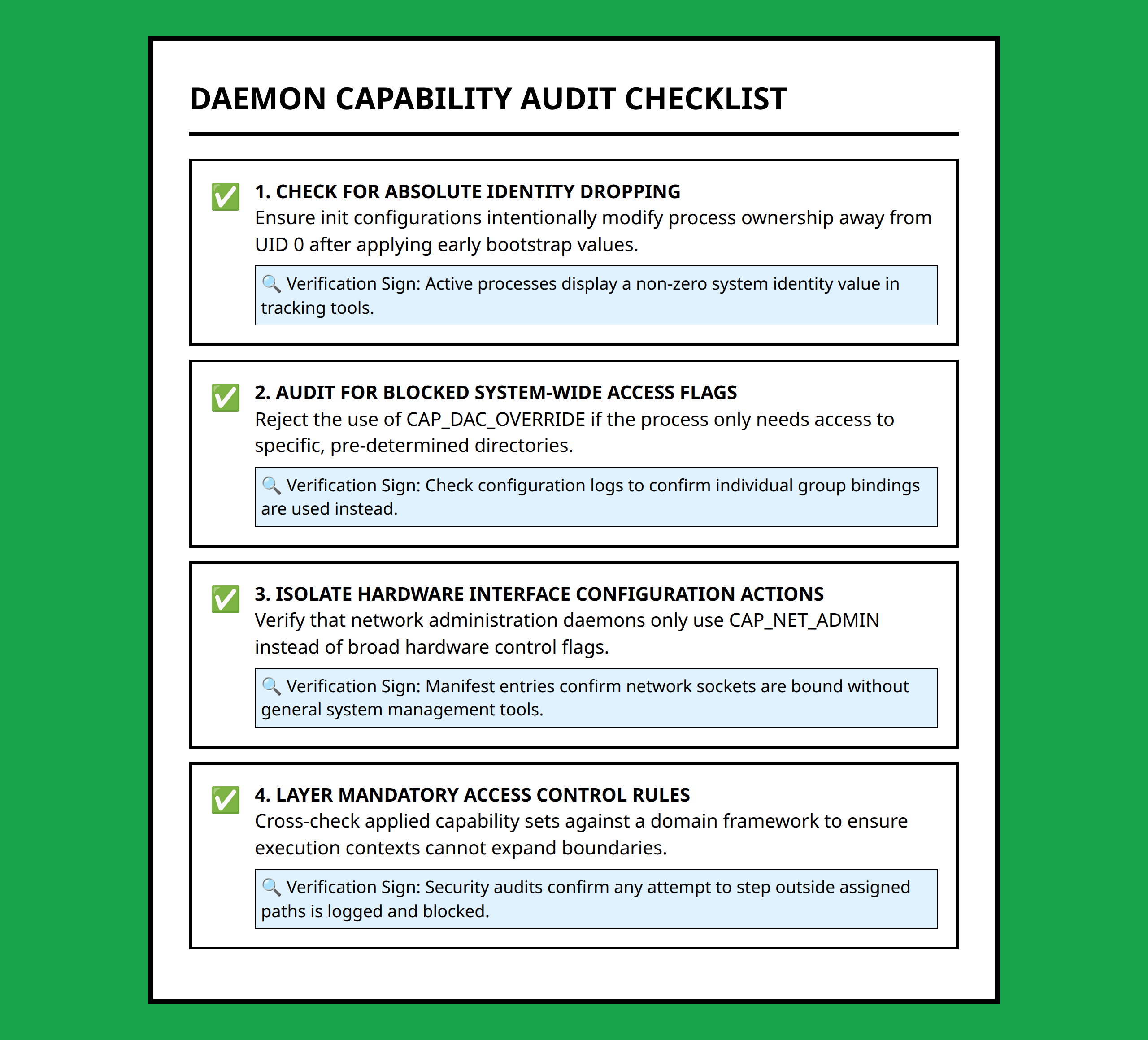 Checklist for analyzing and auditing Linux capabilities in Android system daemons