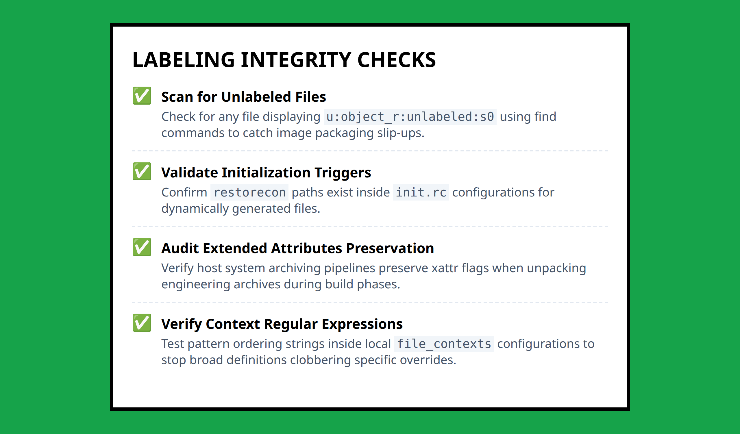 Android SELinux File Labeling Integrity Checklist
