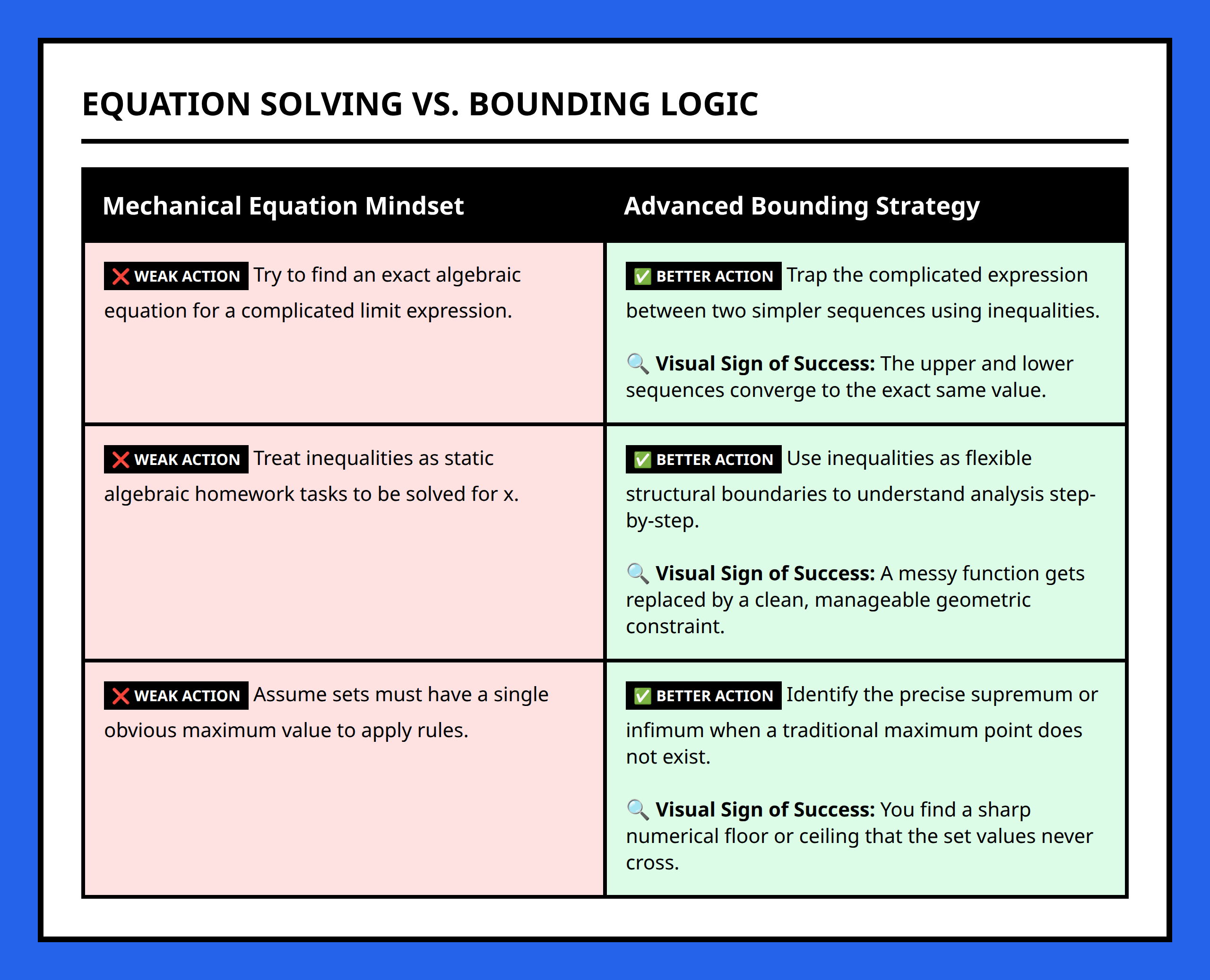 Comparison table between formula-driven mechanical math and strategic bounding logic