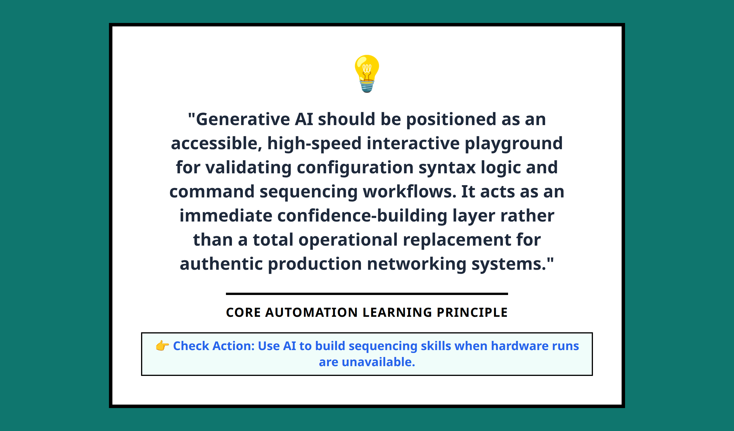 Quote graphic emphasizing generative AI role as an accessible confidence building practice tool rather than physical hardware replacement.