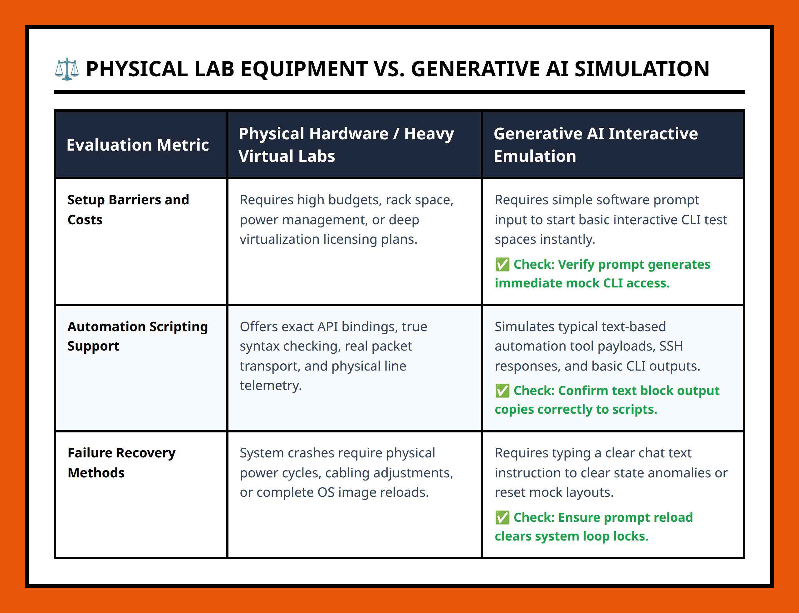 Comparison table between physical Cisco lab hardware and generative AI terminal simulation models.