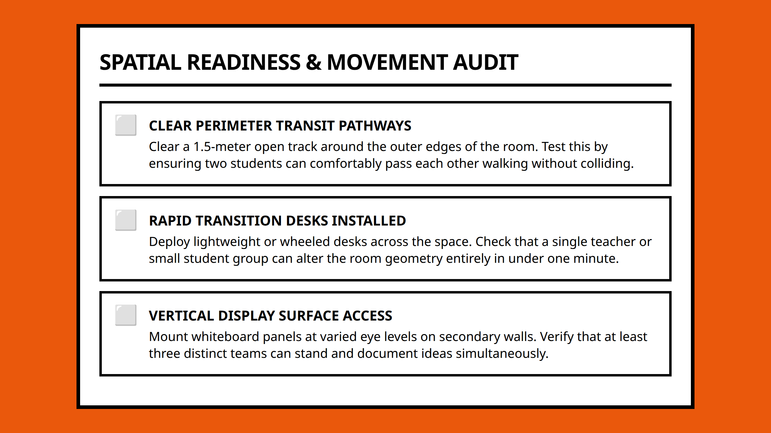 Checklist for evaluating classroom layout adaptation for physical movement