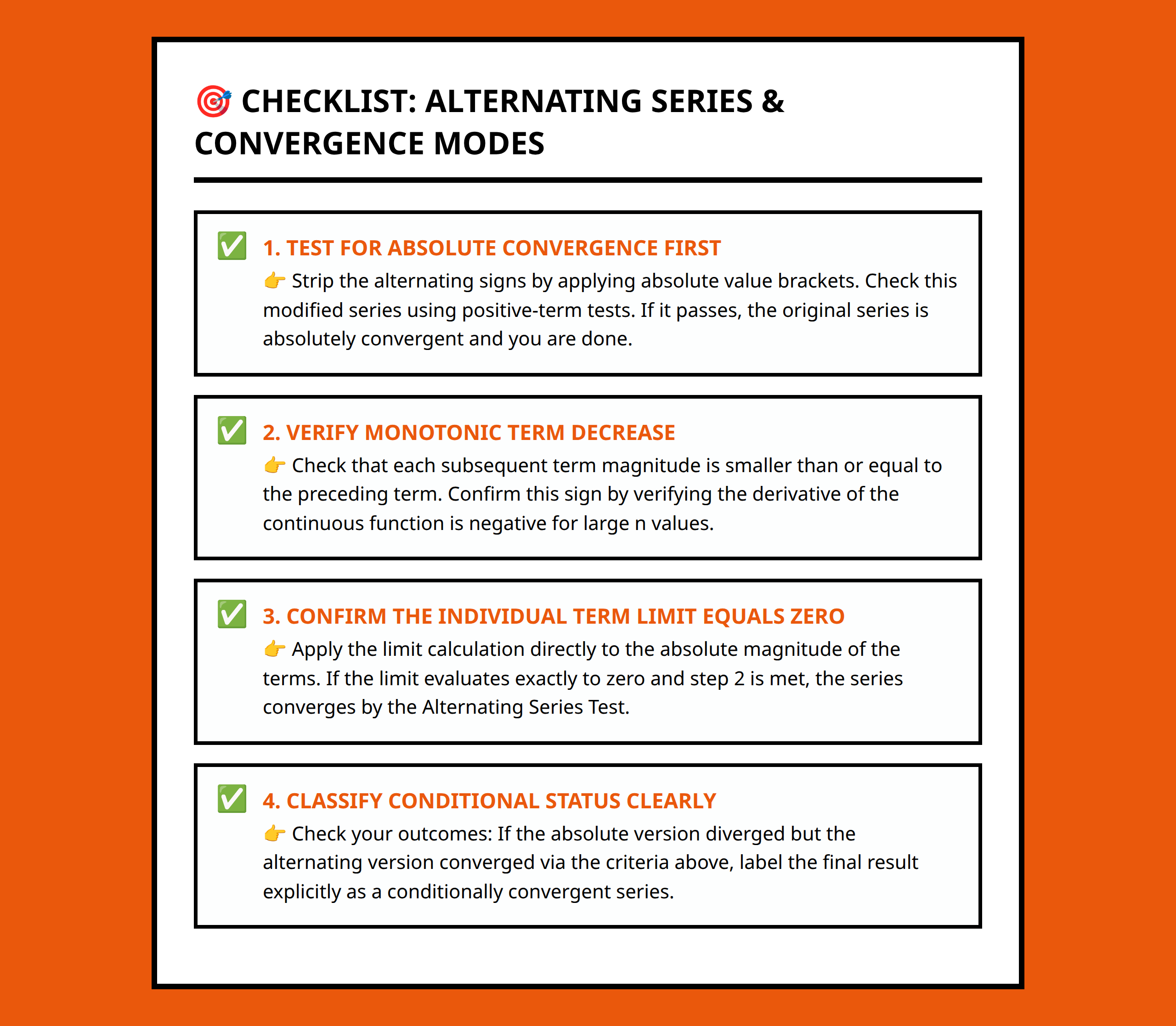 Checklist to verify absolute vs conditional convergence for alternating series expressions.