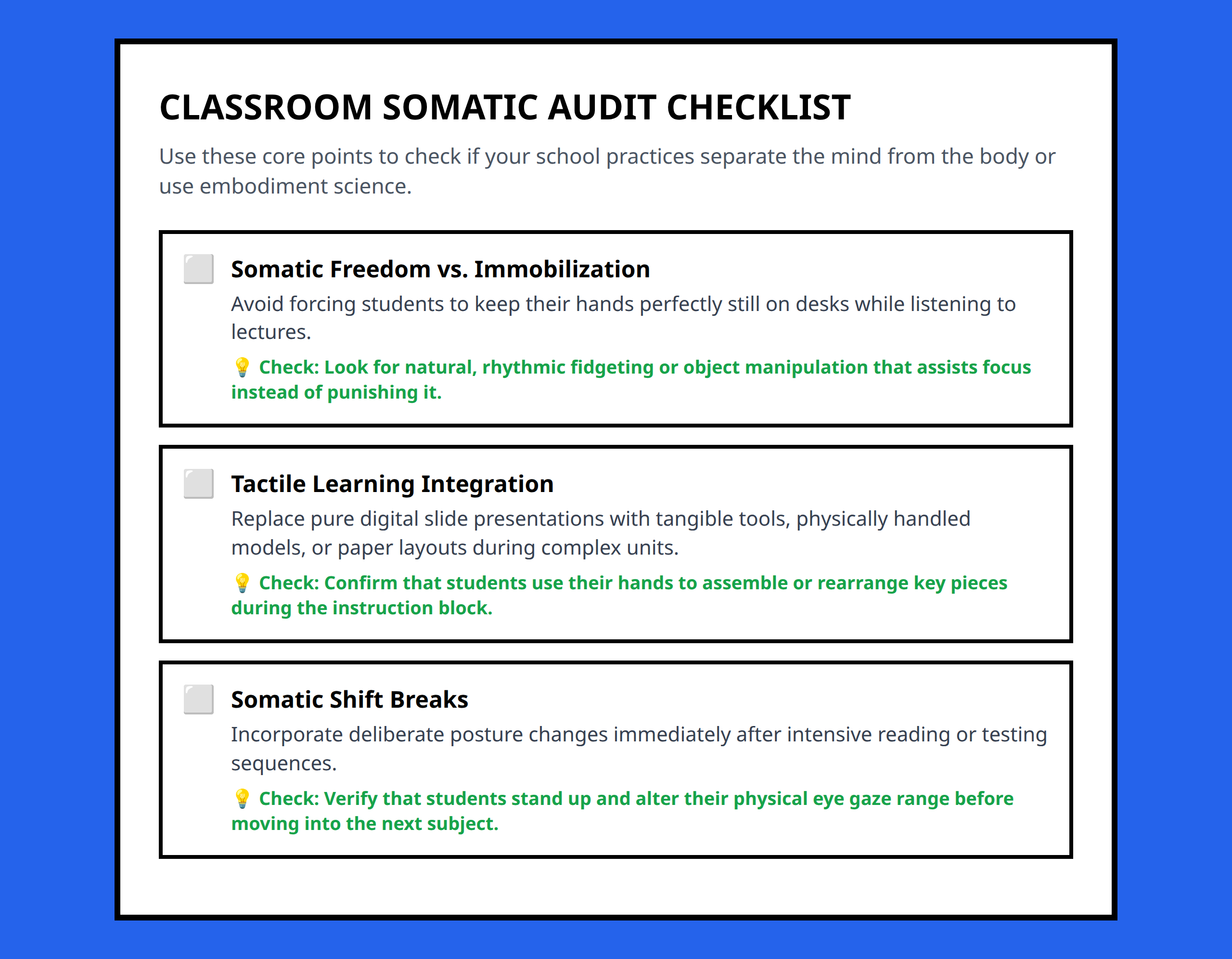 Checklist for educators to audit classrooms for mind body split vs embodiment science practices