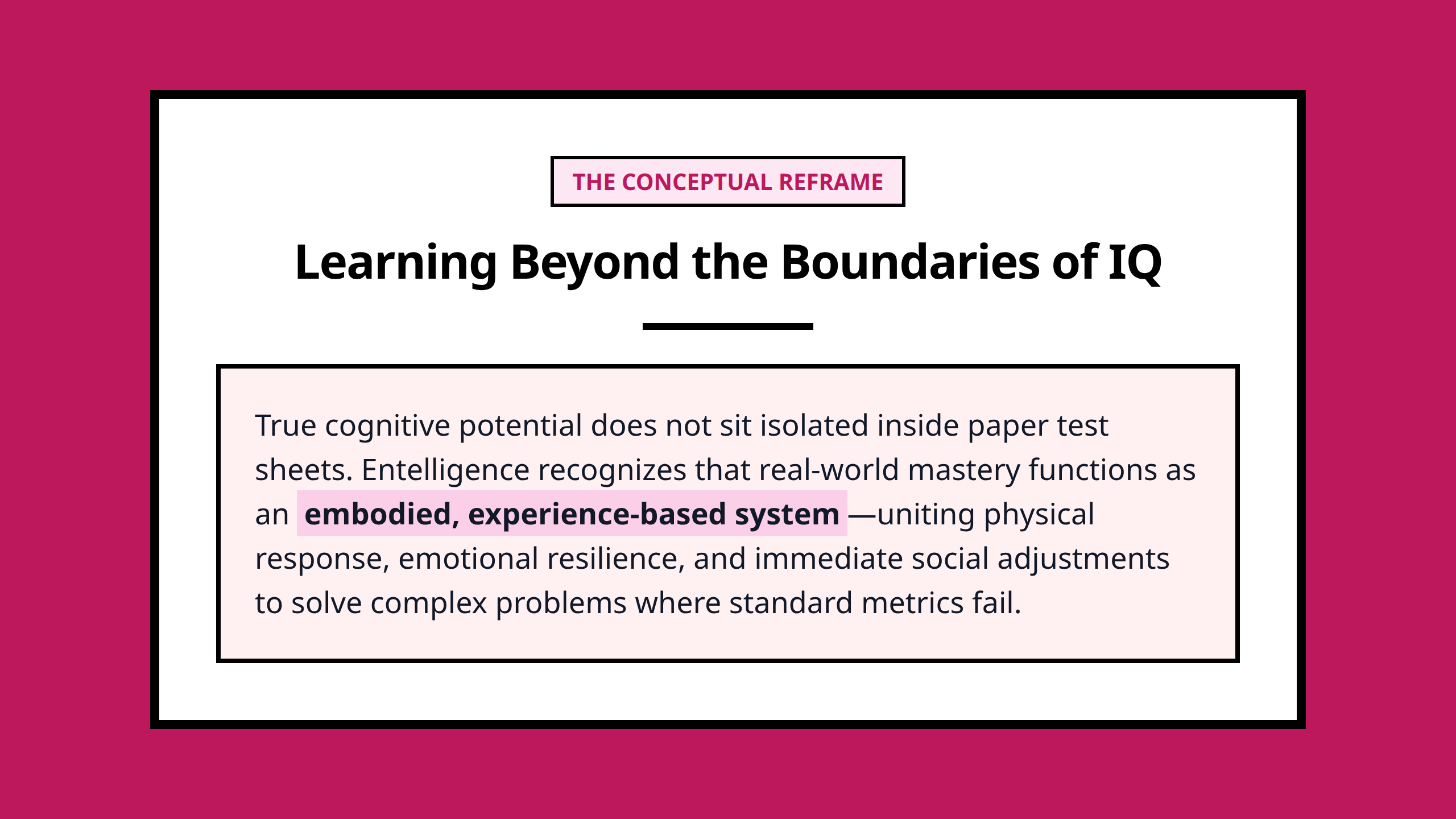 Mini poster outlining the core central claim of entelligence reframing learning