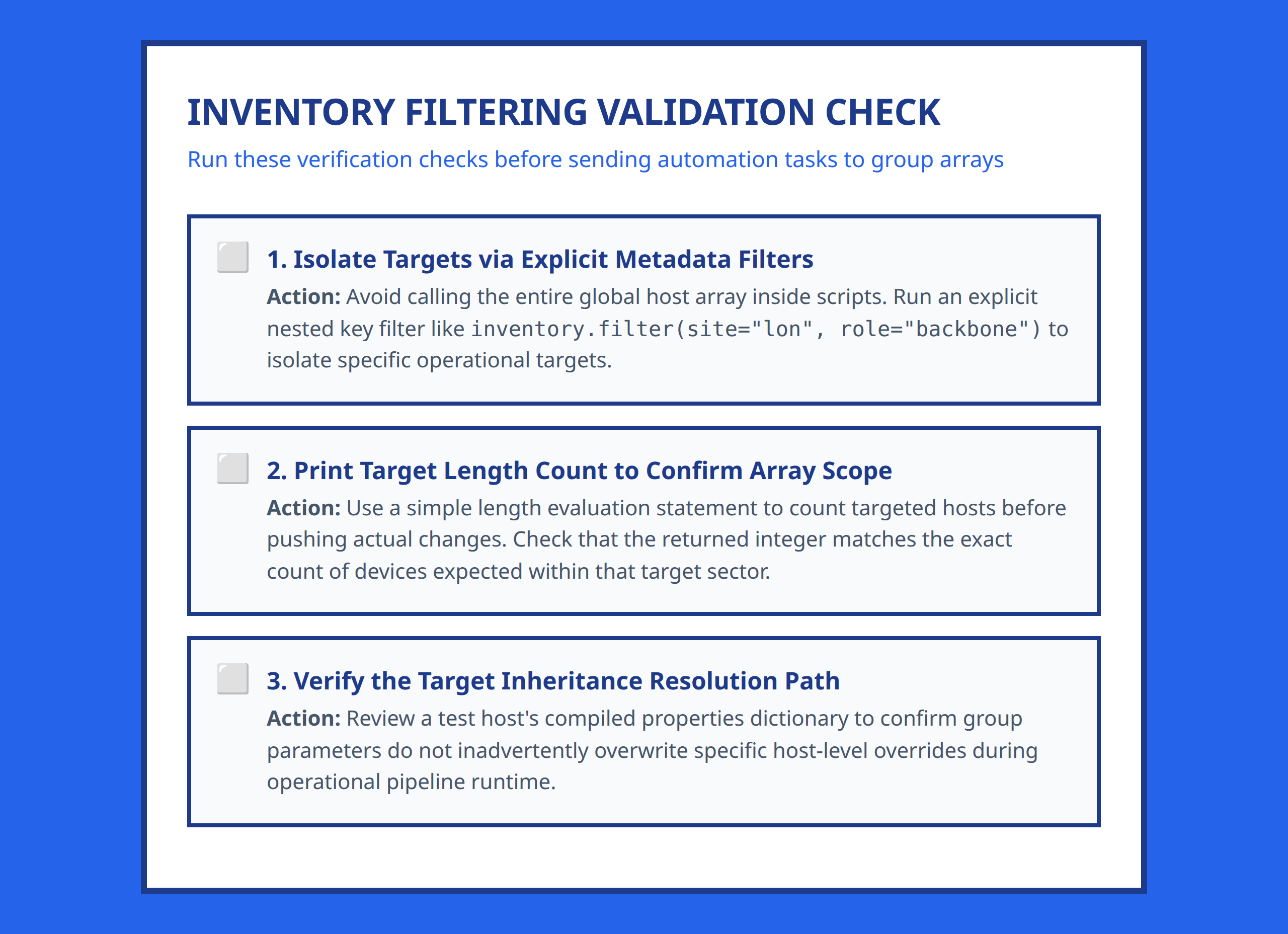 Checklist for validation of device inventory grouping and filter tasks before automation runs