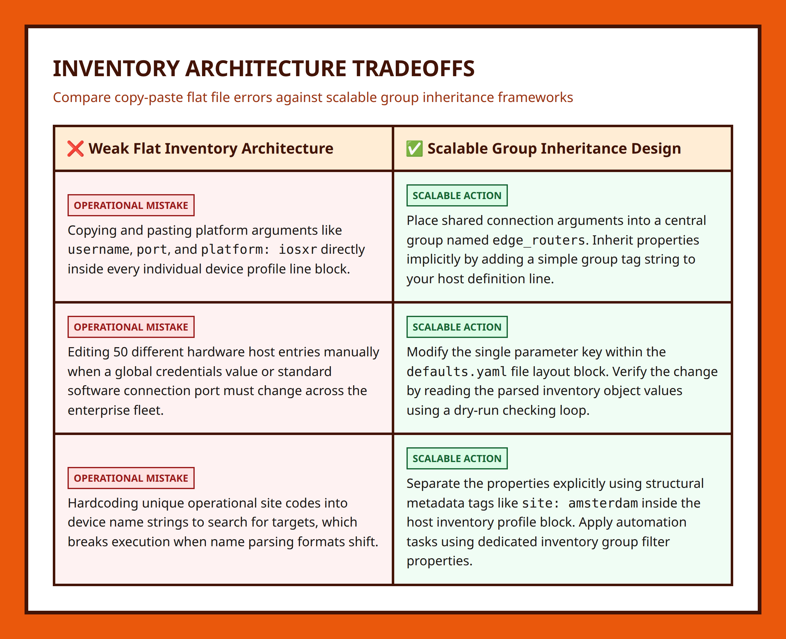 Comparison table separating correct inheritance vs weak inventory copy paste designs