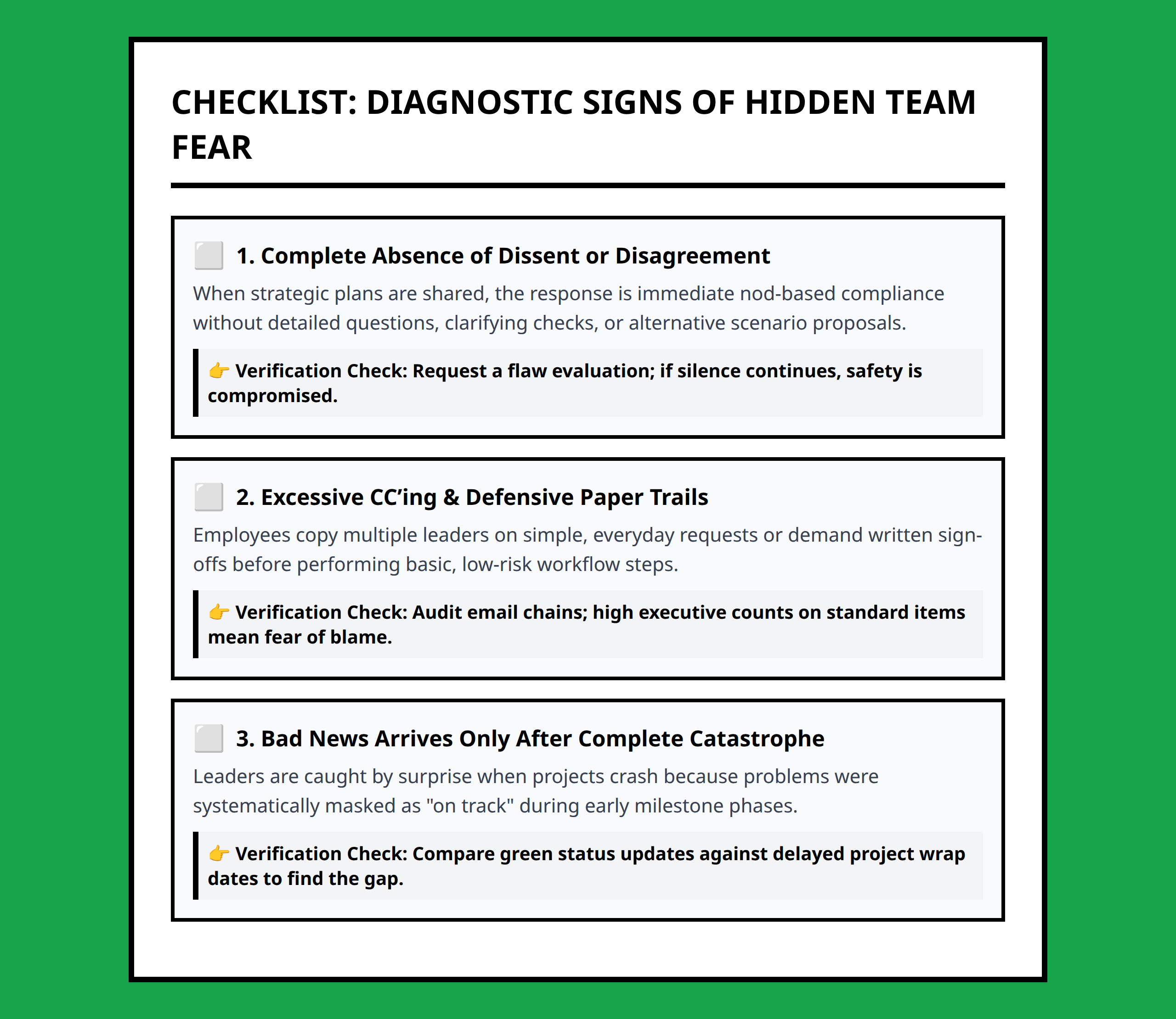 Checklist for assessing hidden fear symptoms inside low trust corporate teams.