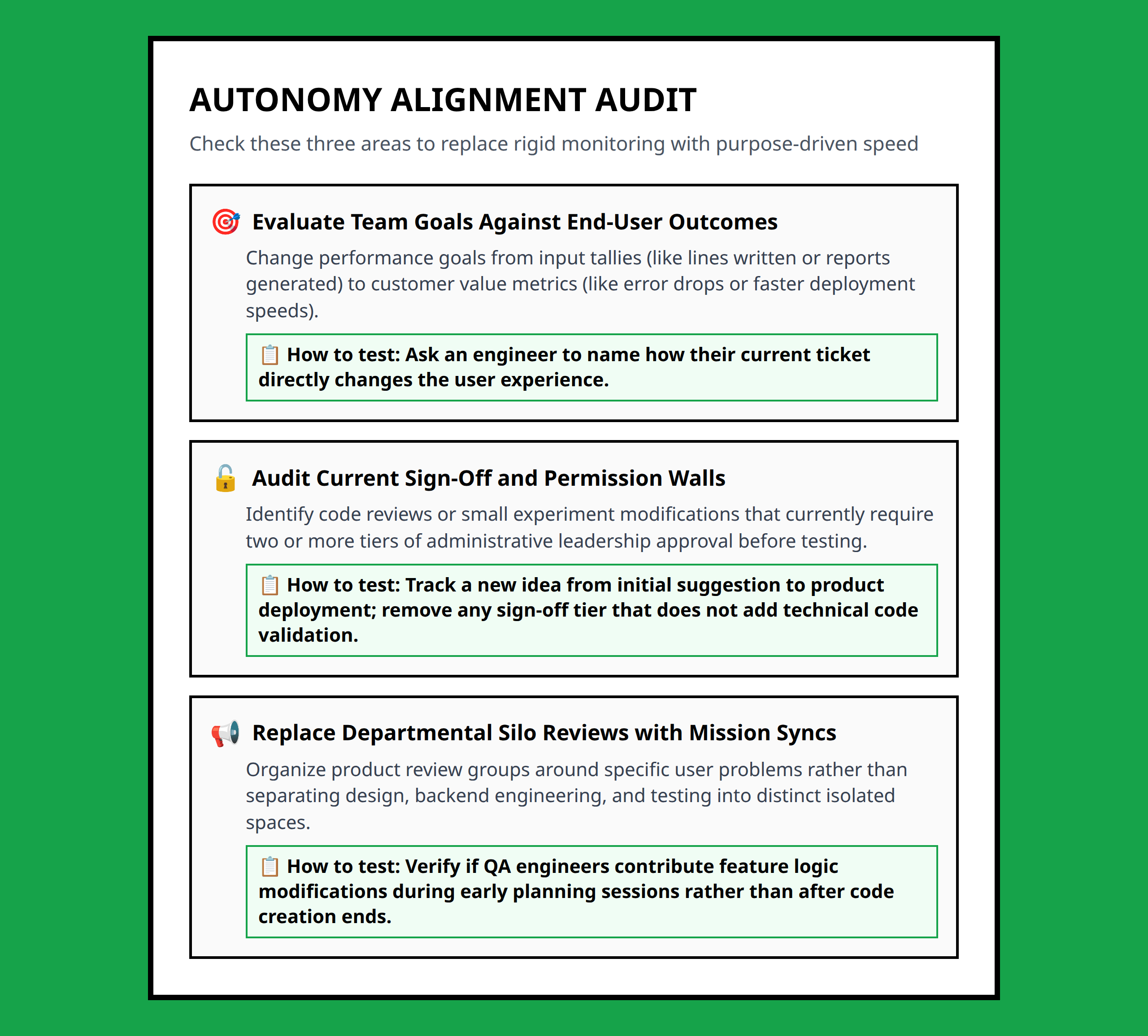 Checklist for leaders to transition from rigid control frameworks to purpose-driven alignment checkups.