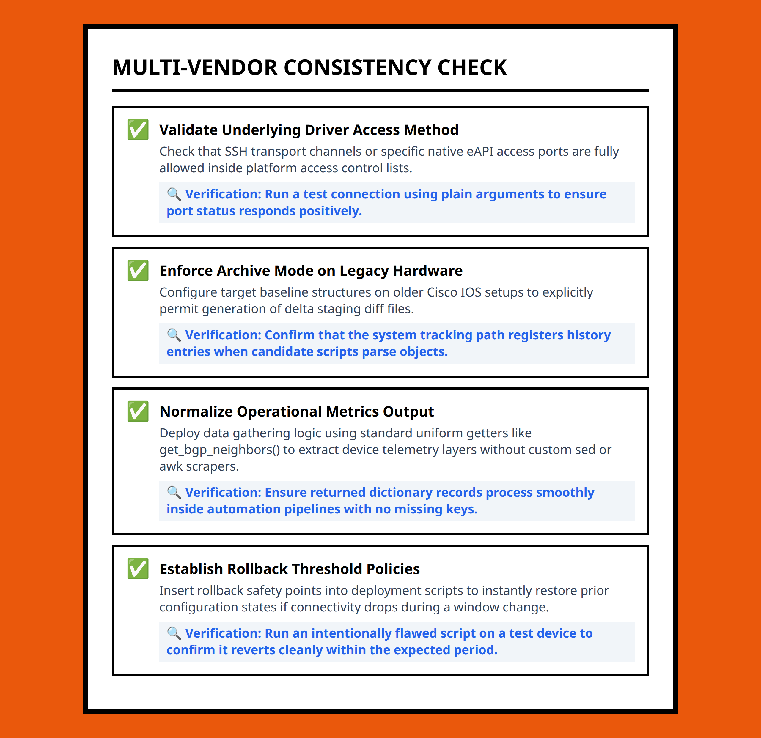 Operational consistency checklist for multi-vendor network automation deployment
