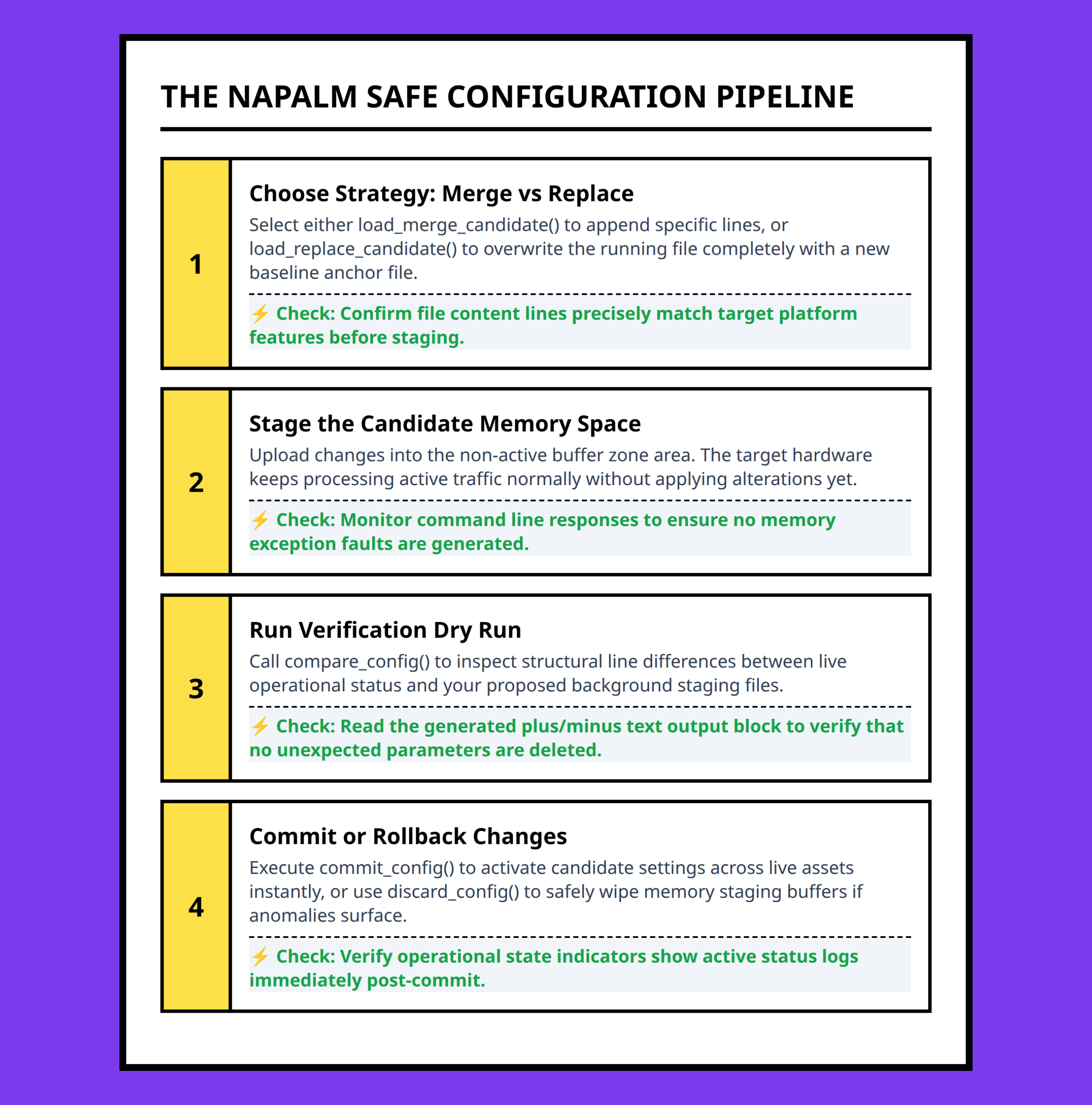 Step-by-step configuration workflow framework using NAPALM merge and replace actions