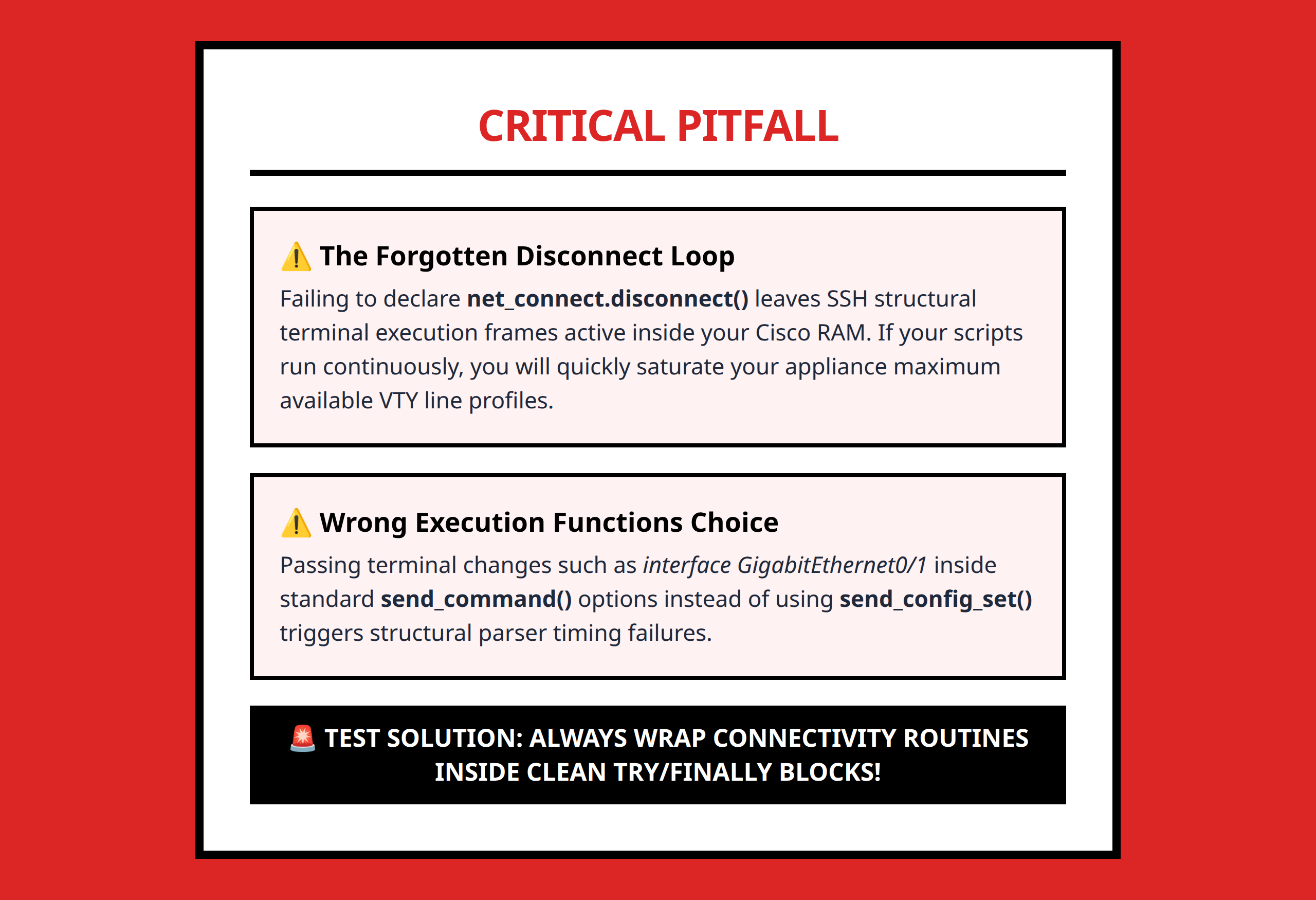 Mini poster outlining critical beginner Netmiko mistakes to avoid like missing disconnect statements