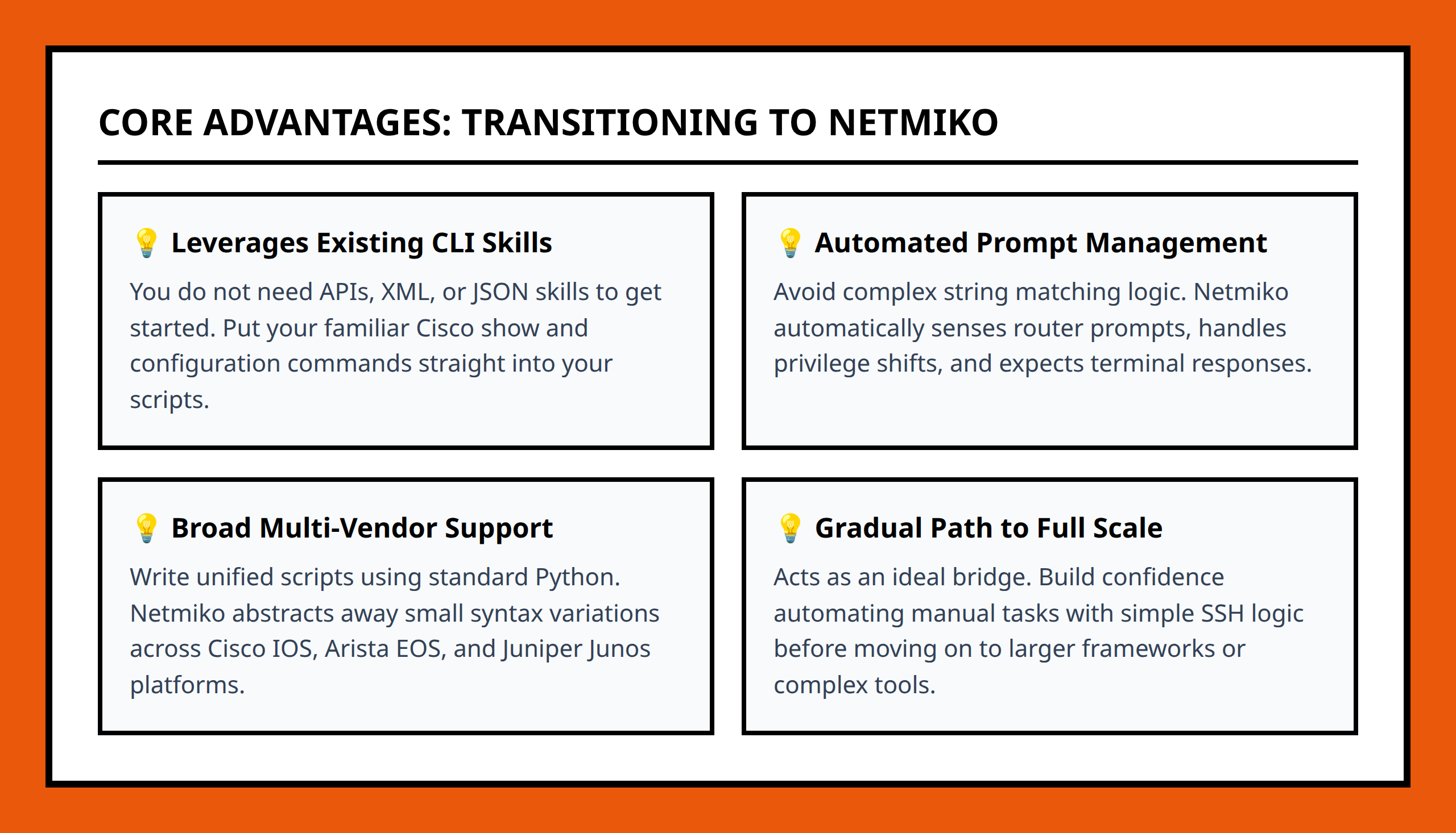 Card grid highlighting core operational benefits of adopting Netmiko for automation beginners