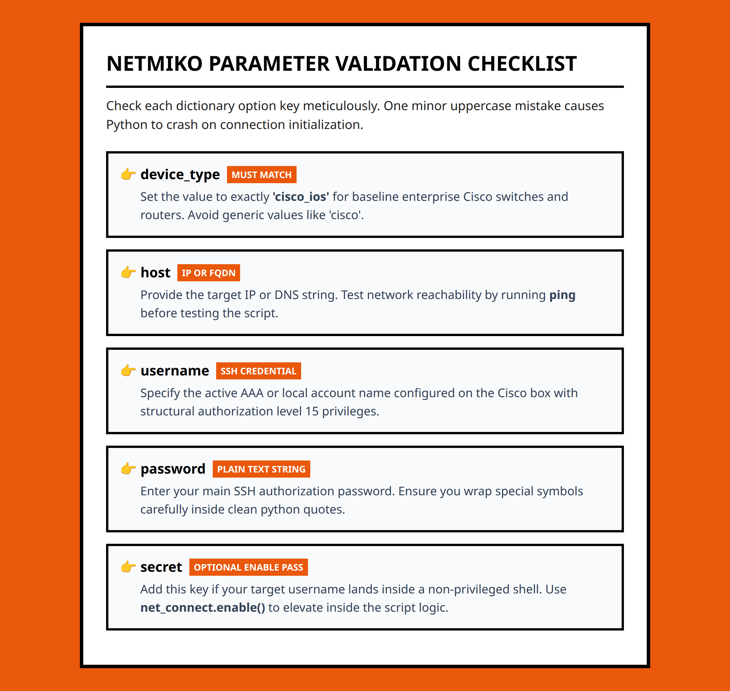 Checklist for required Netmiko connection dictionary key parameters for Cisco IOS