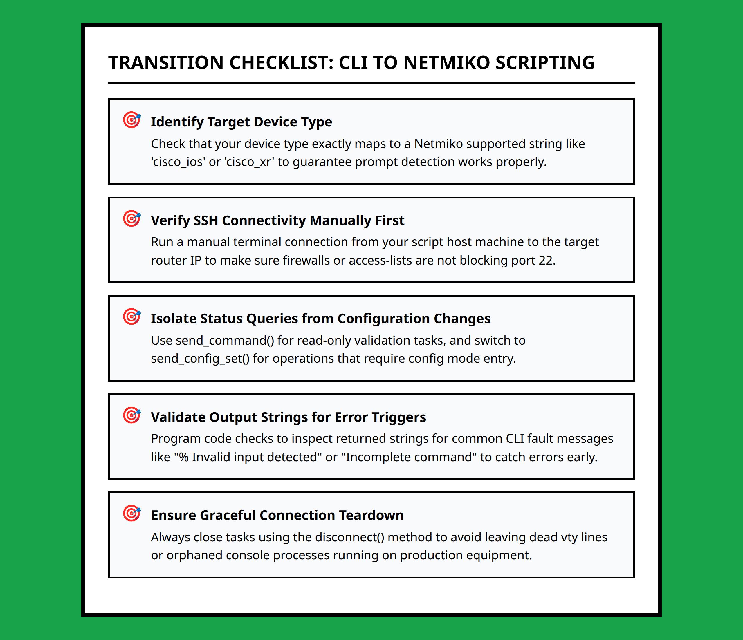 Checklist for network engineers transitioning from manual CLI work to Netmiko automation