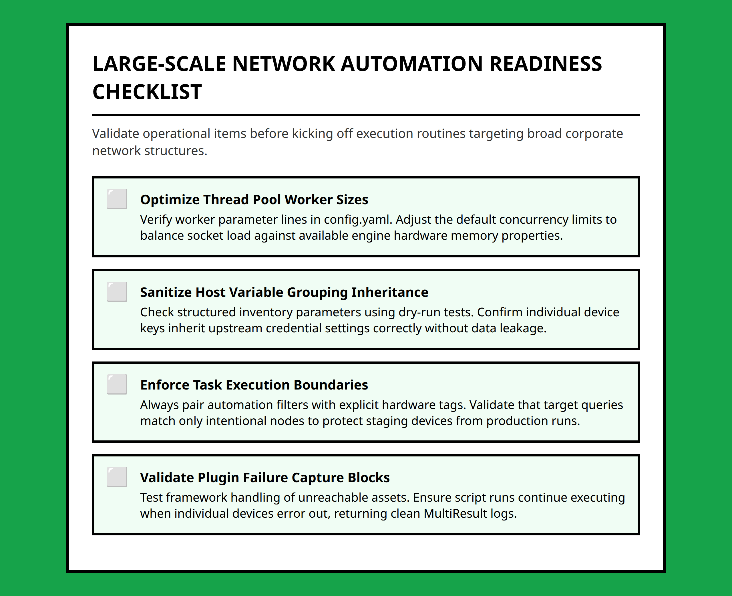Operations verification checklist for tracking large scale production network automation deployments.