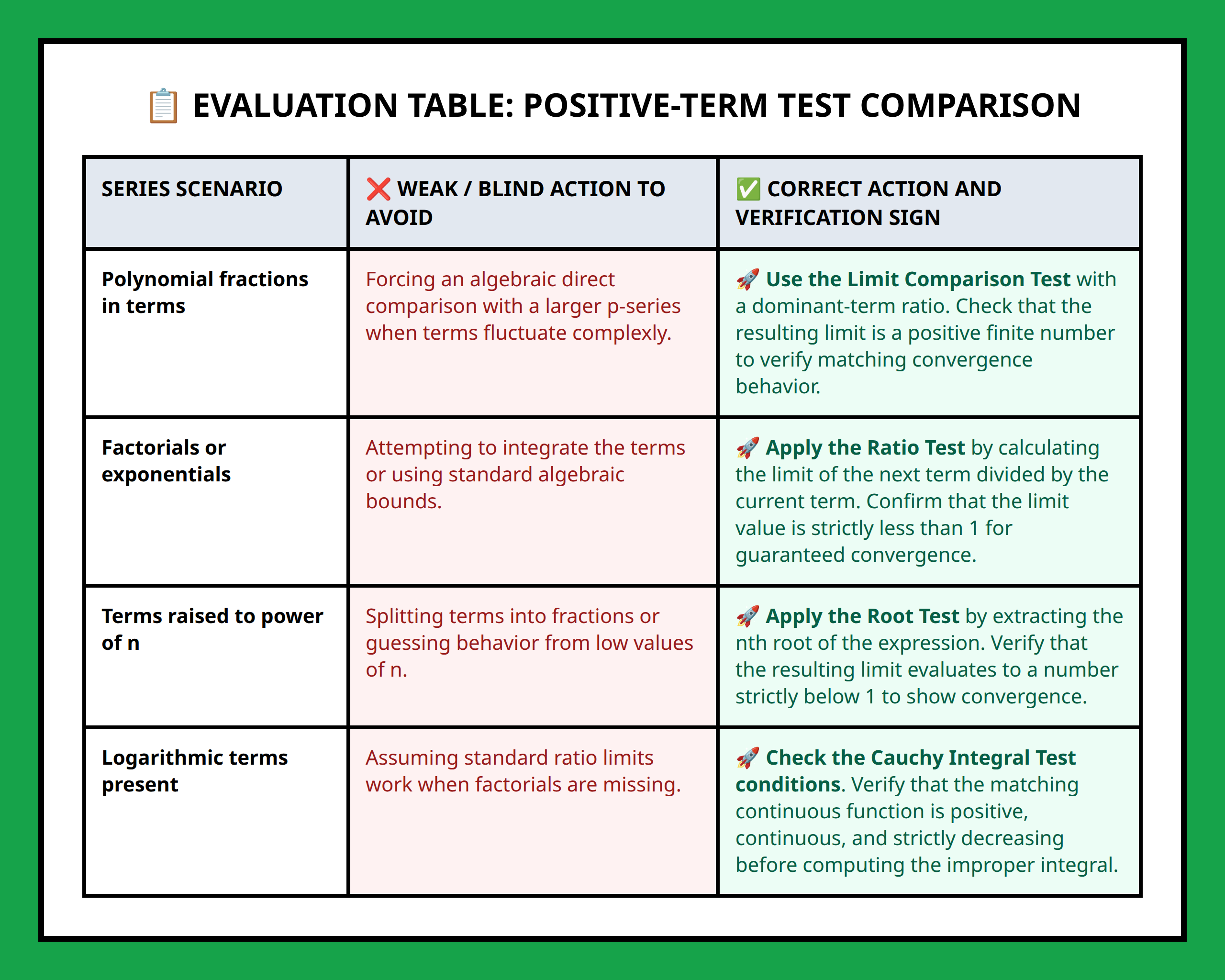 Comparison table for positive-term series testing, showing weak actions vs correct actions with checks.