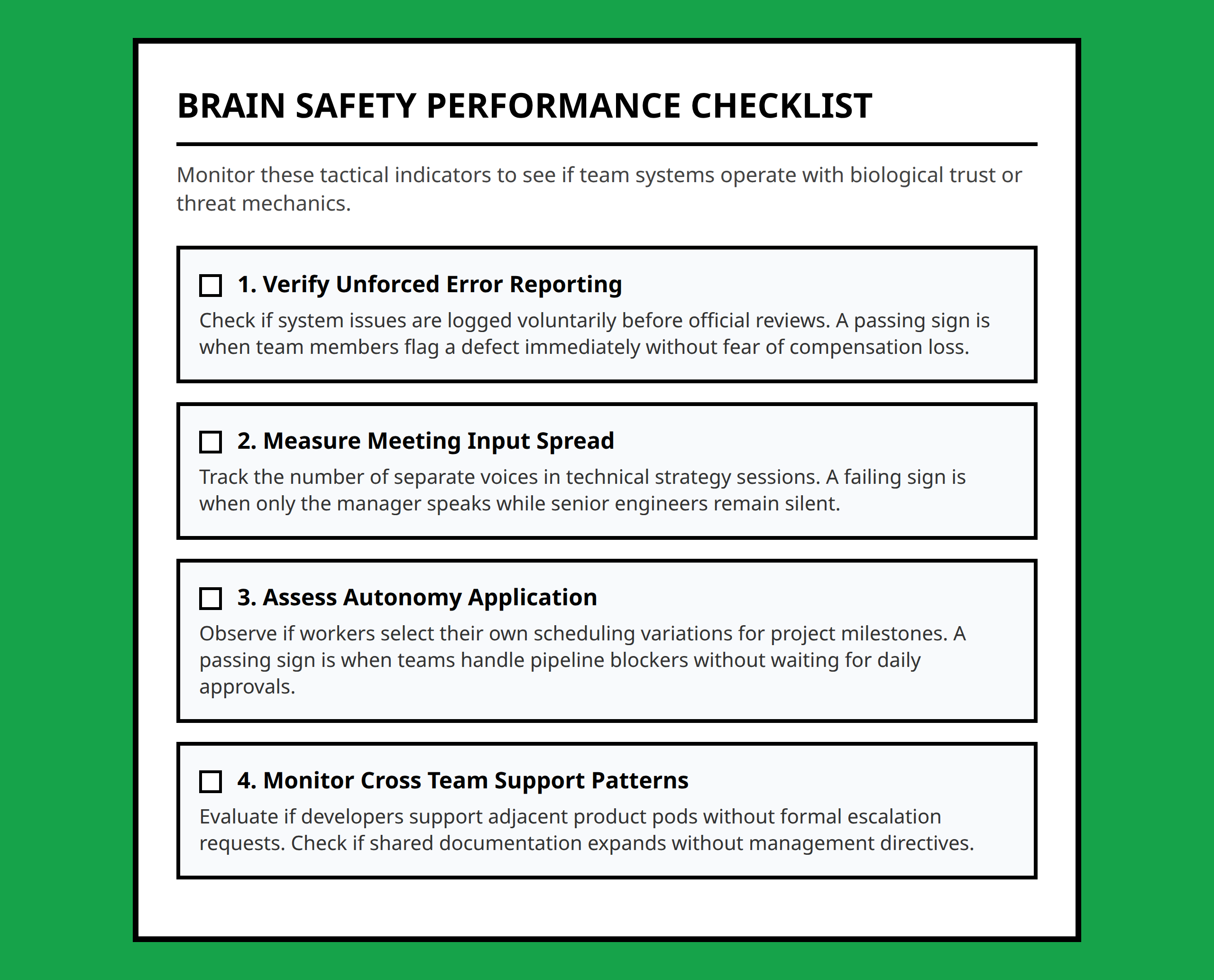Checklist for leaders to measure psychological safety and brain performance signals in teams