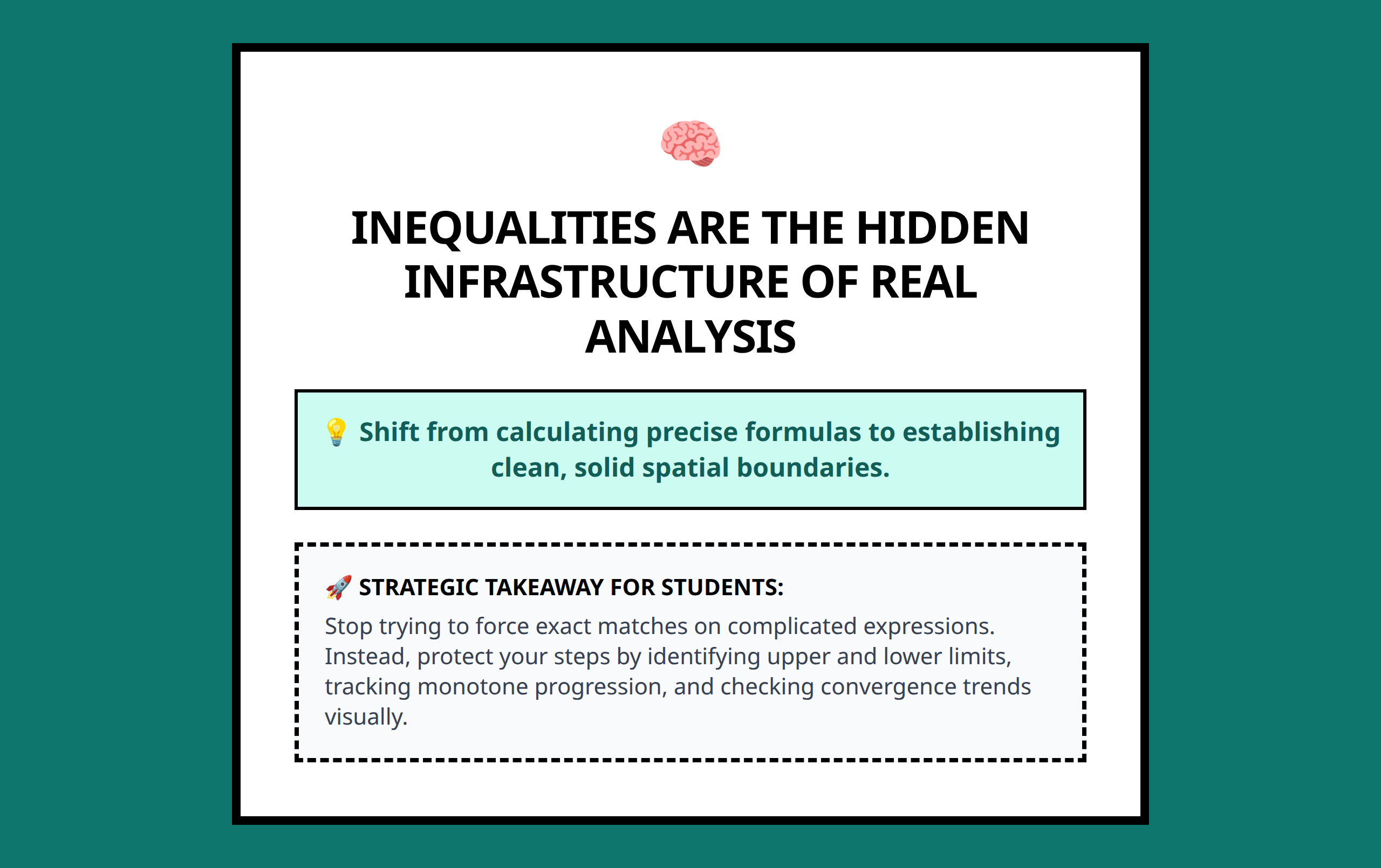 Mini poster highlighting why inequalities provide the infrastructure for real analysis