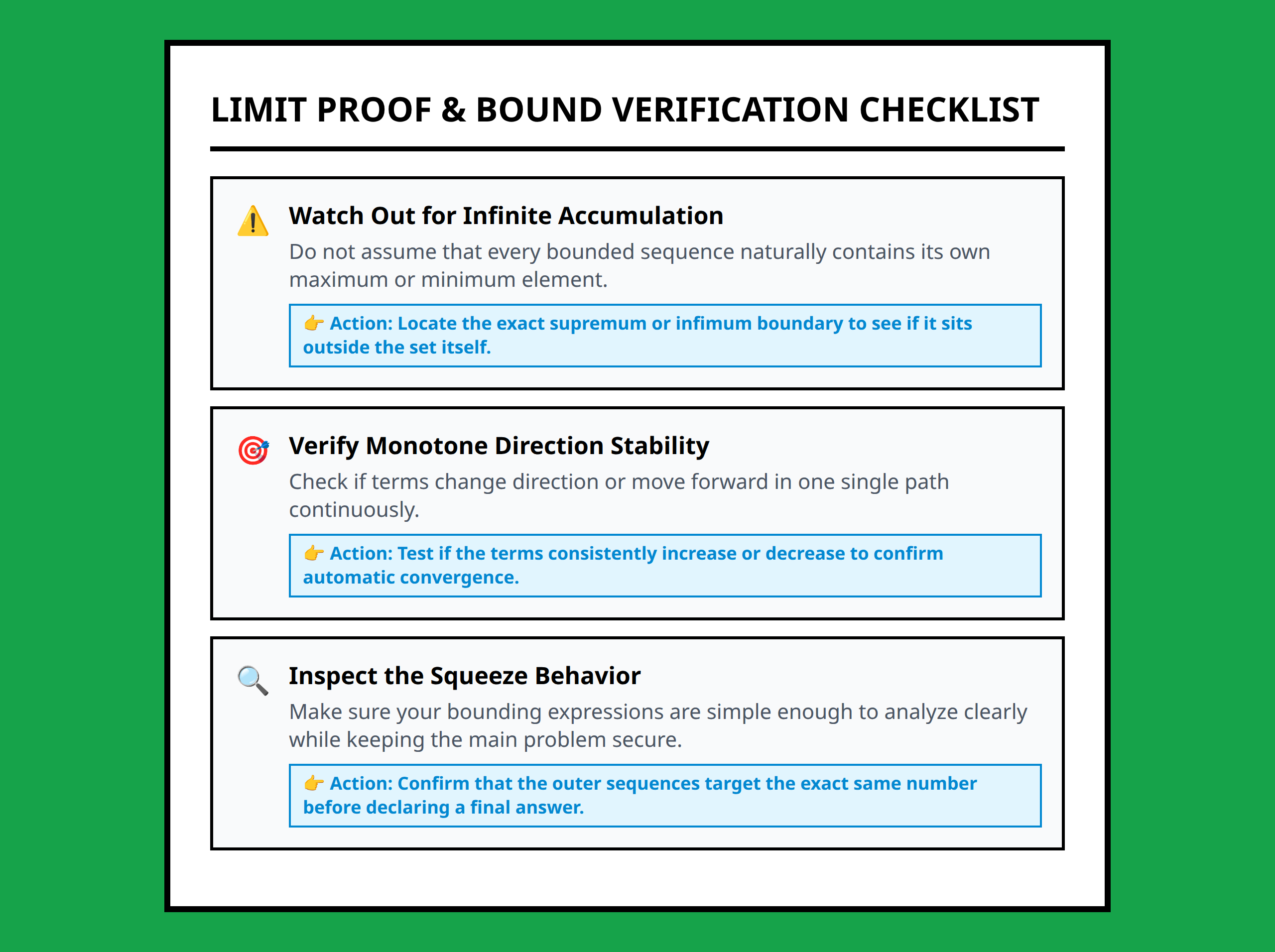 Checklist for verifying limit proofs and bounded sets logic using real analysis techniques