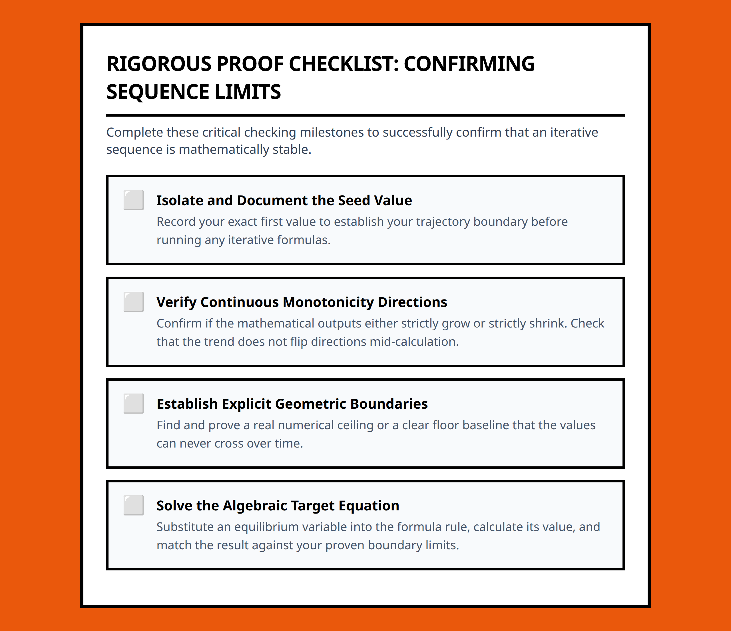 Checklist for verifying mathematical convergence and stability