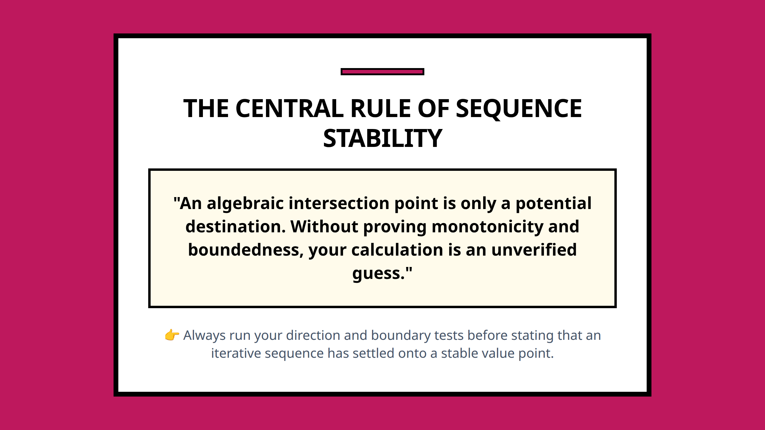 Core takeaway visual poster summarizing the rule of mathematical stability