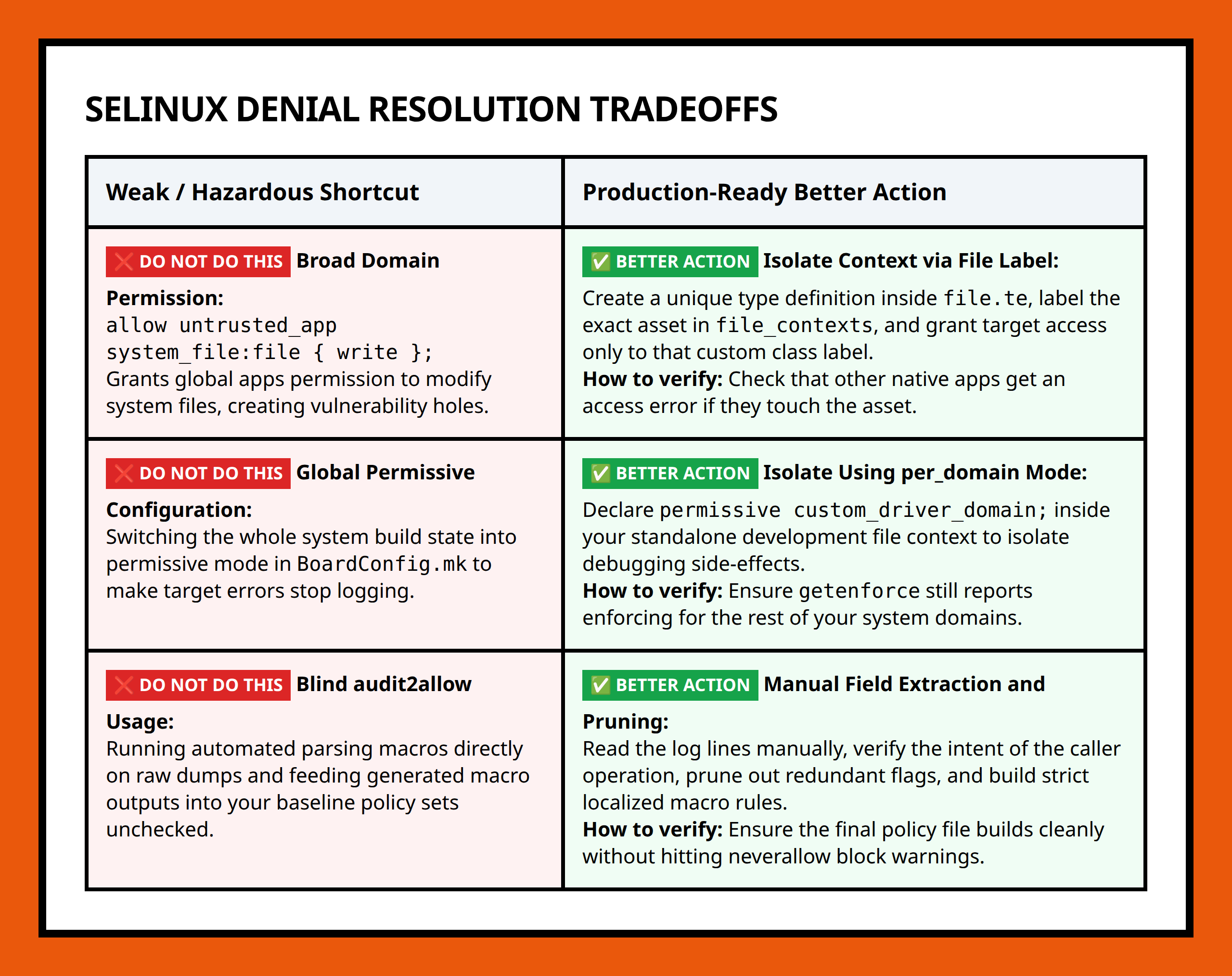Comparison table contrasting bad quick-fix SELinux rule actions with proper clean Android platform definitions.