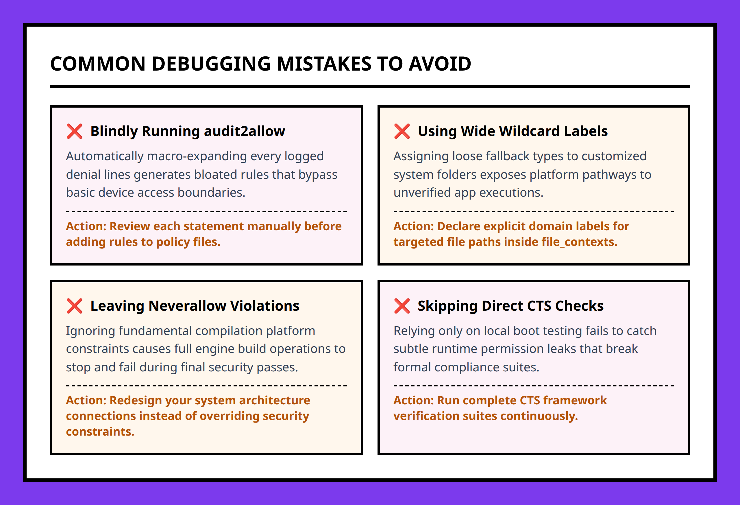 Card grid displaying Android SELinux policy debugging mistakes to avoid.