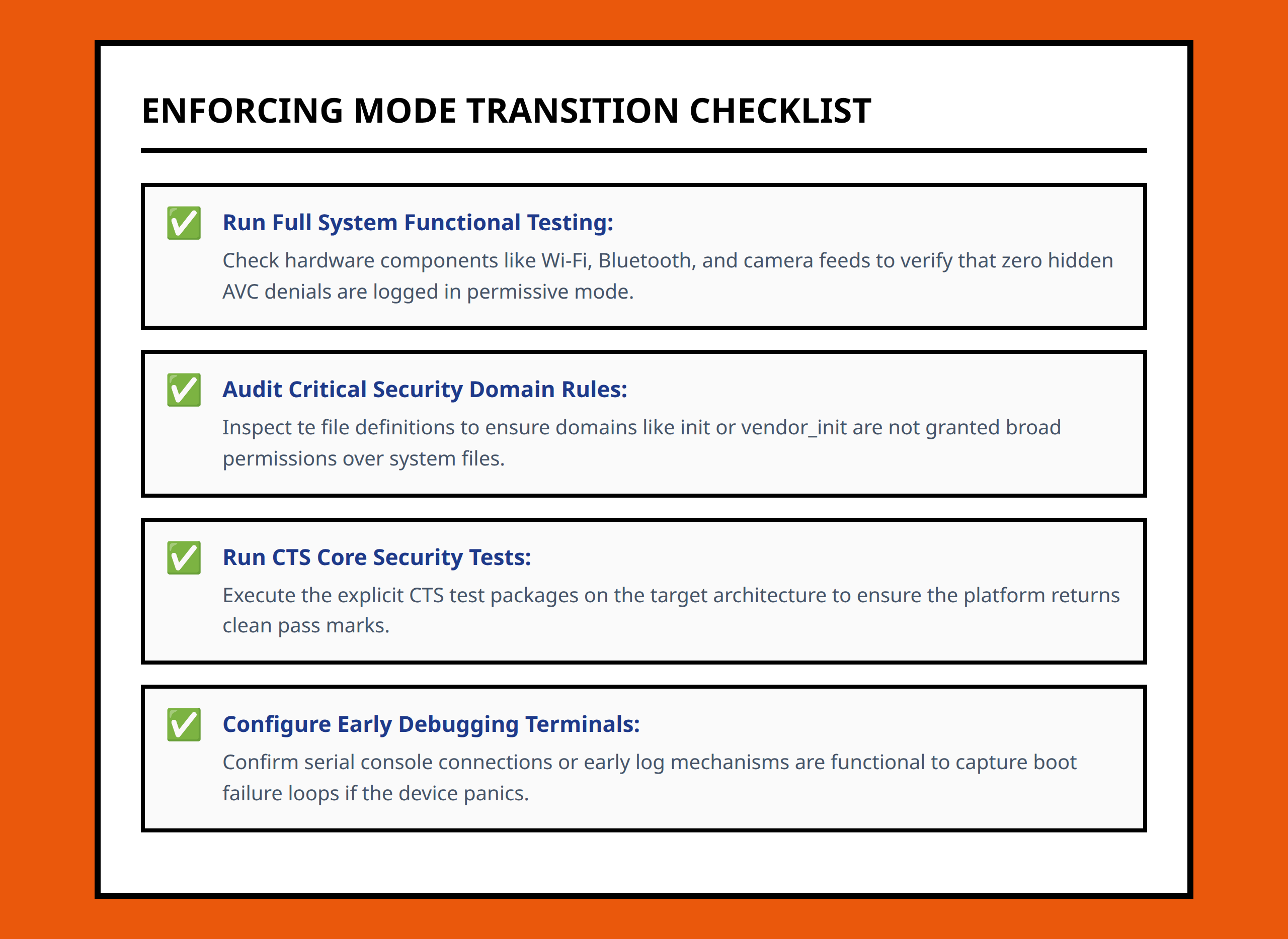 Audit readiness checklist for transition steps to SELinux enforcing mode.