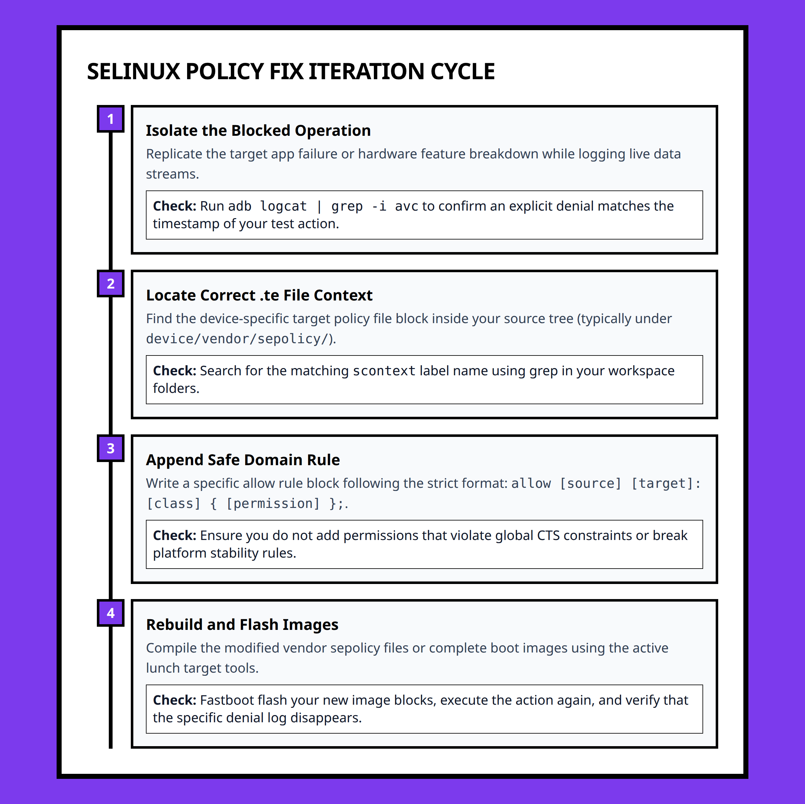 Timeline diagram outlining the steps to fix an Android SELinux denial from identification to image flash.