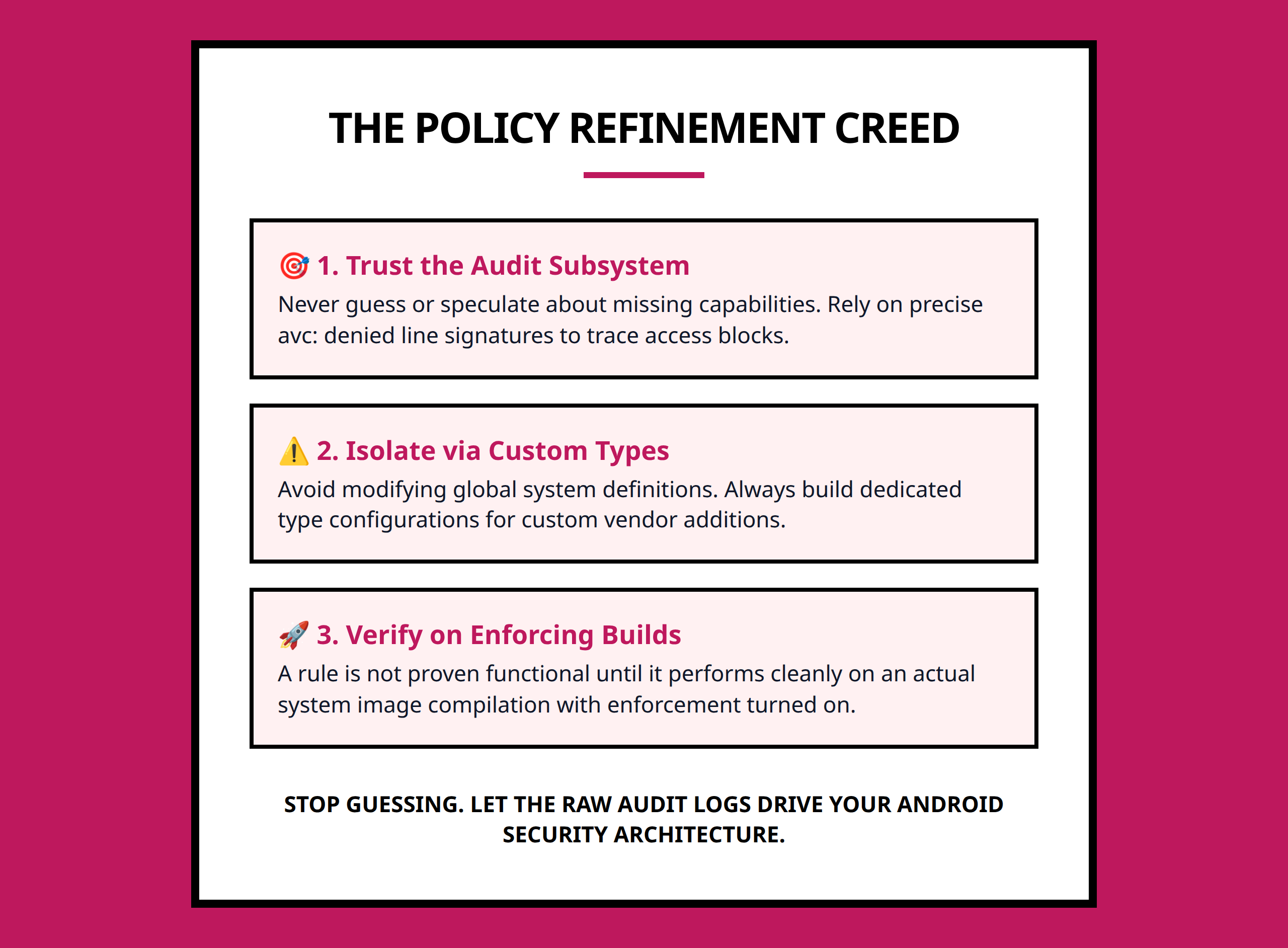 Mini poster summarizing three golden rules for Android SELinux security policy development.