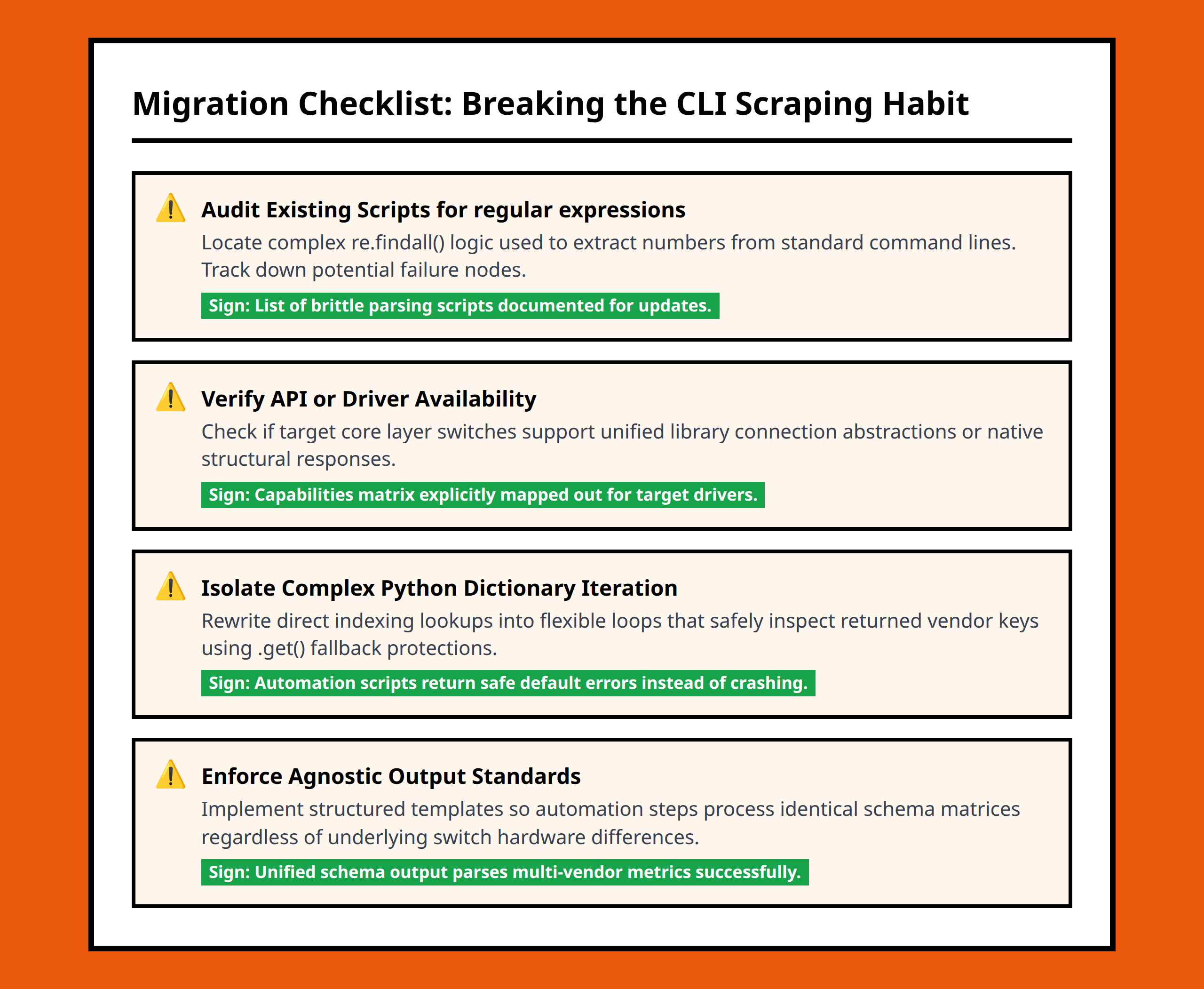 Checklist for network engineers migrating from script scraping to structured data automation frameworks